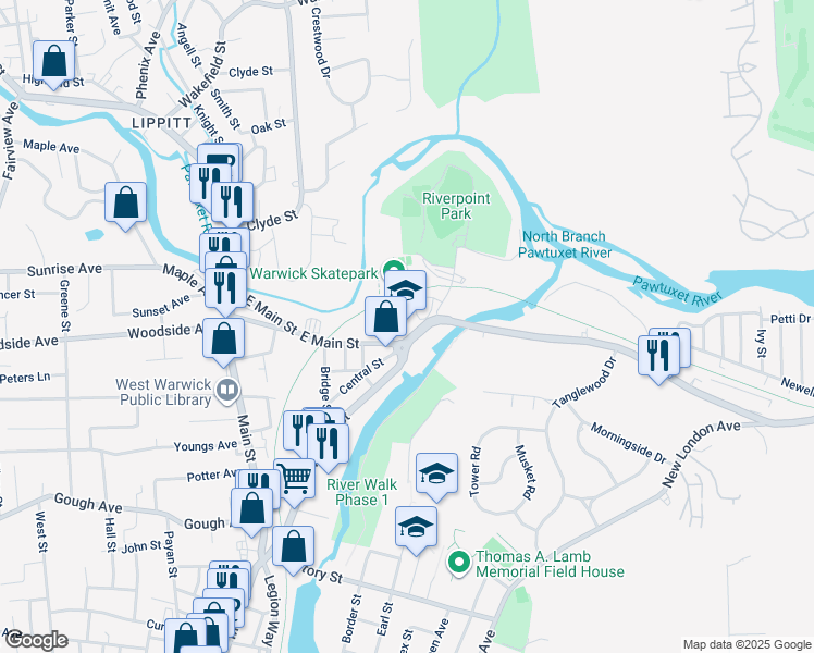 map of restaurants, bars, coffee shops, grocery stores, and more near 124 Providence Street in West Warwick