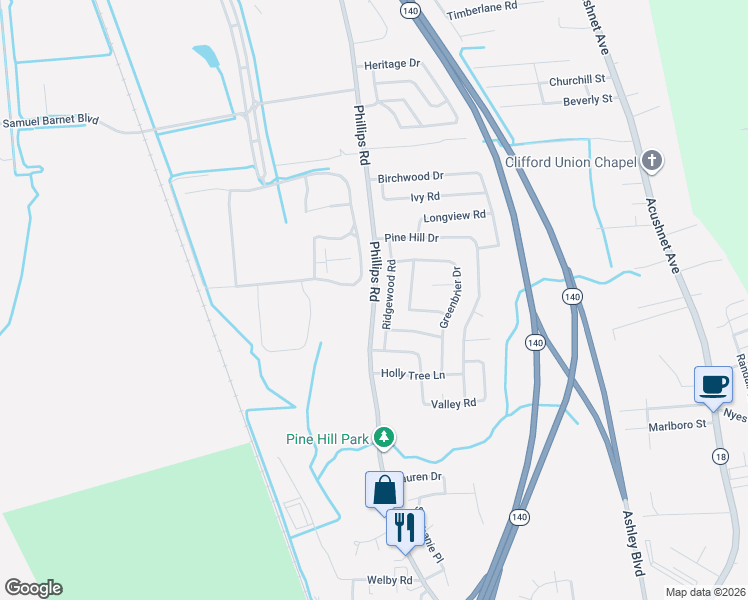 map of restaurants, bars, coffee shops, grocery stores, and more near 78 Ridgewood Road in New Bedford