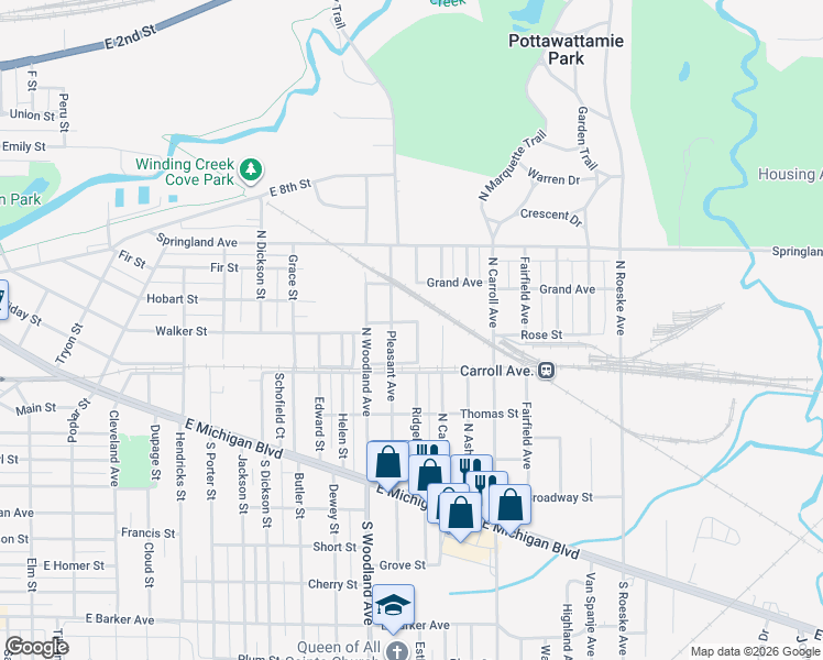 map of restaurants, bars, coffee shops, grocery stores, and more near 501 Rose St in Michigan City