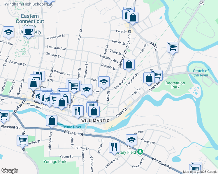 map of restaurants, bars, coffee shops, grocery stores, and more near 123 Jackson Street in Windham