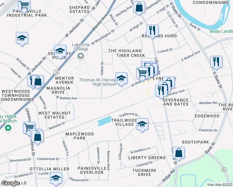 map of restaurants, bars, coffee shops, grocery stores, and more near 261 West Walnut Avenue in Painesville