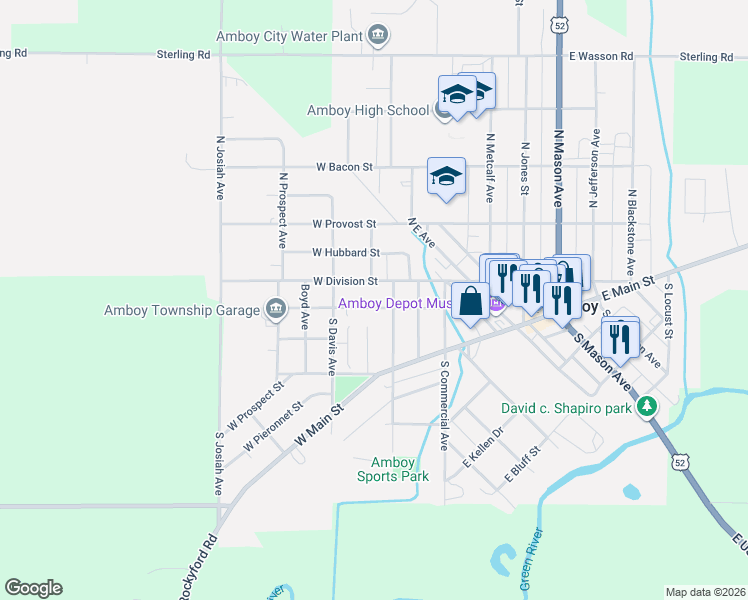 map of restaurants, bars, coffee shops, grocery stores, and more near 115 West Division Street in Amboy