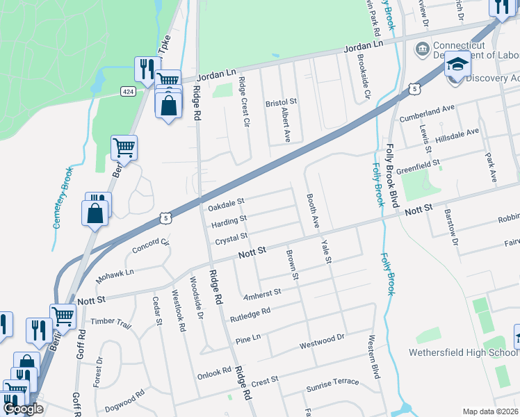 map of restaurants, bars, coffee shops, grocery stores, and more near 91 Oakdale Street in Wethersfield