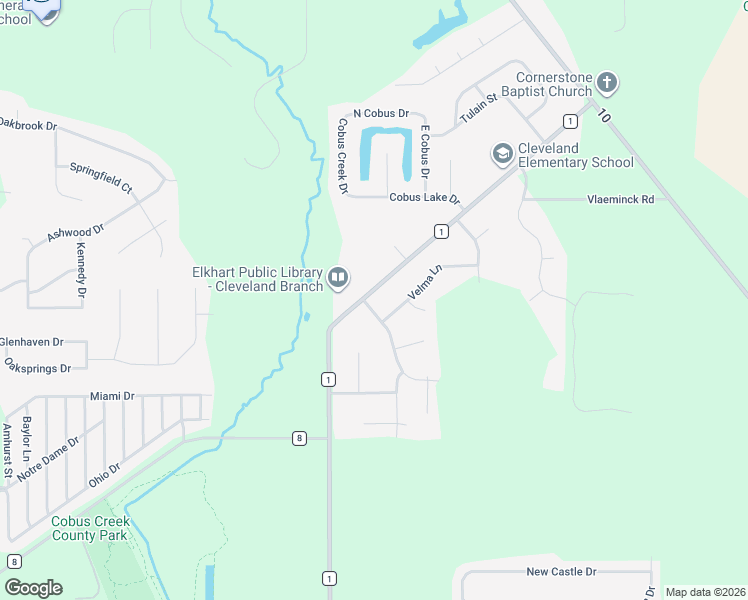 map of restaurants, bars, coffee shops, grocery stores, and more near 53657 County Road 1 in Elkhart