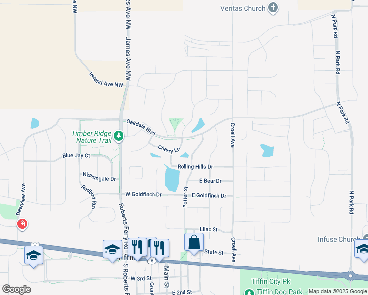 map of restaurants, bars, coffee shops, grocery stores, and more near 223 Cherry Lane in Tiffin
