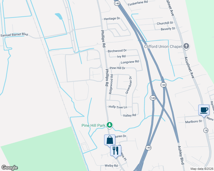 map of restaurants, bars, coffee shops, grocery stores, and more near 78 Ridgewood Road in New Bedford
