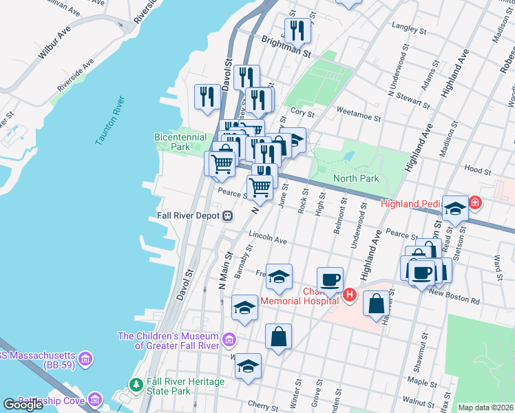 map of restaurants, bars, coffee shops, grocery stores, and more near 140 Pearce Street in Fall River