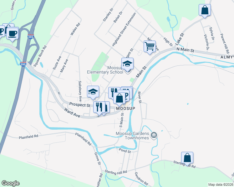 map of restaurants, bars, coffee shops, grocery stores, and more near 77 Main Street in Plainfield