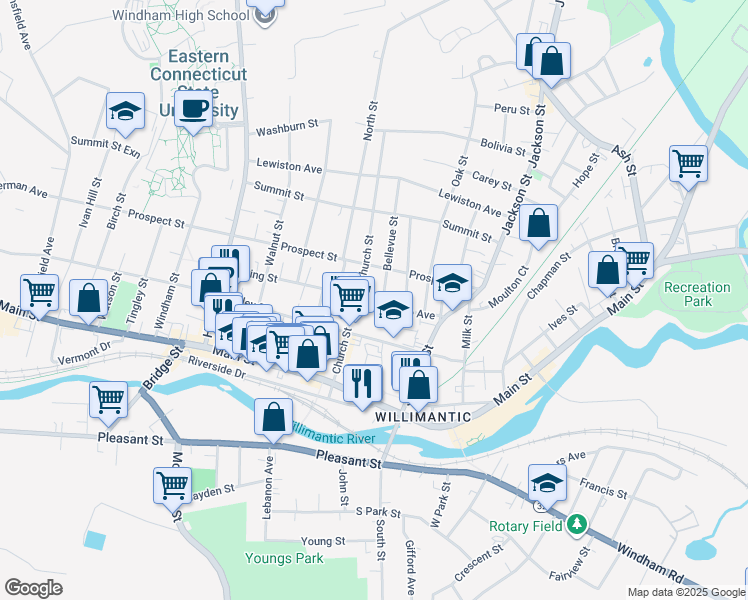 map of restaurants, bars, coffee shops, grocery stores, and more near 26 Bellevue Street in Windham