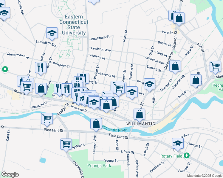 map of restaurants, bars, coffee shops, grocery stores, and more near 53 Spring Street in Windham