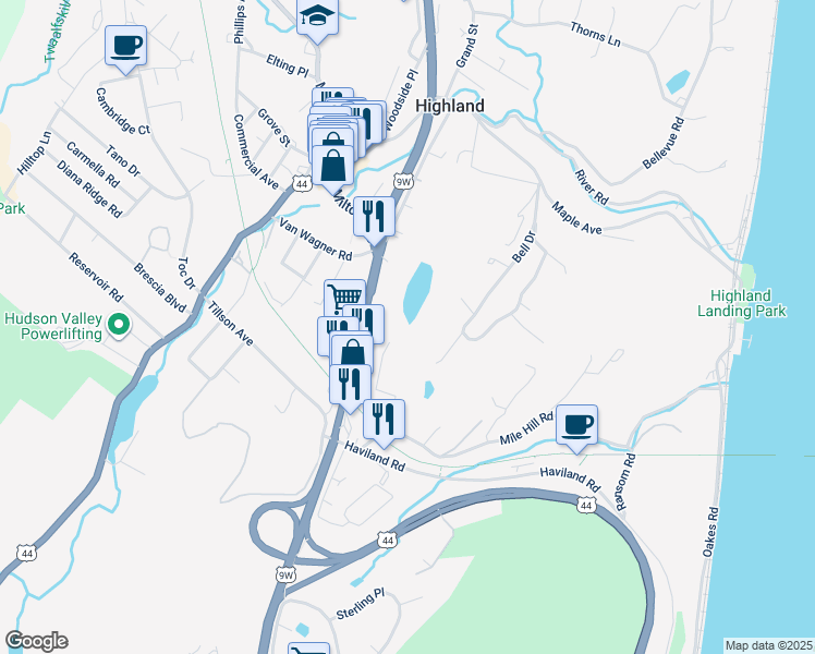 map of restaurants, bars, coffee shops, grocery stores, and more near 3564 Us Highway 9w in Highland