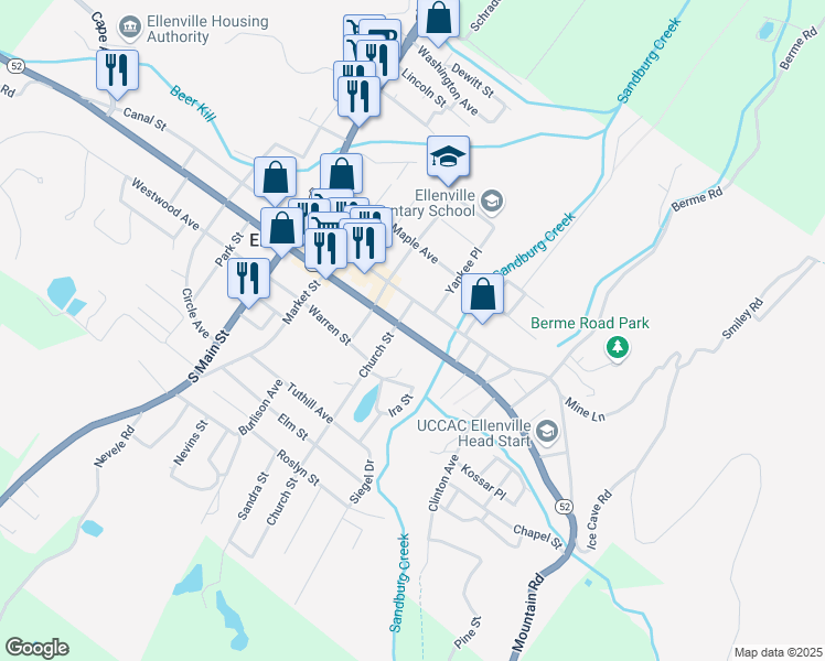 map of restaurants, bars, coffee shops, grocery stores, and more near 6 Church Street in Ellenville
