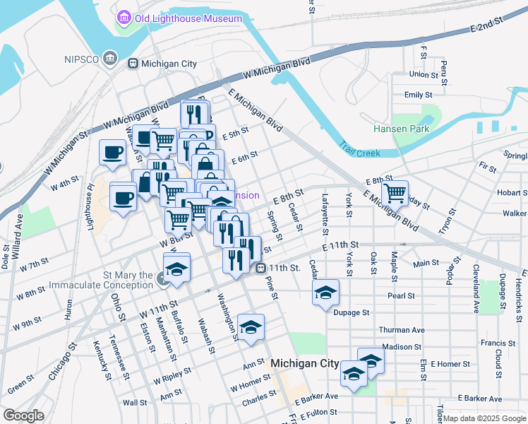 map of restaurants, bars, coffee shops, grocery stores, and more near 723 Spring Street in Michigan City