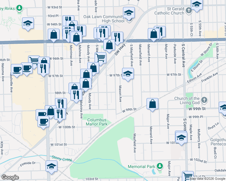 map of restaurants, bars, coffee shops, grocery stores, and more near 9721 McVicker Avenue in Oak Lawn