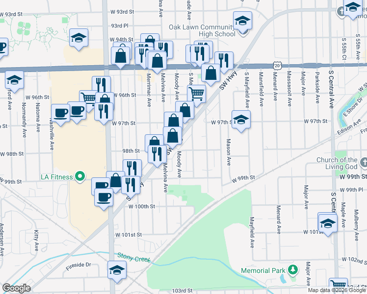 map of restaurants, bars, coffee shops, grocery stores, and more near 9740 South Meade Avenue in Oak Lawn