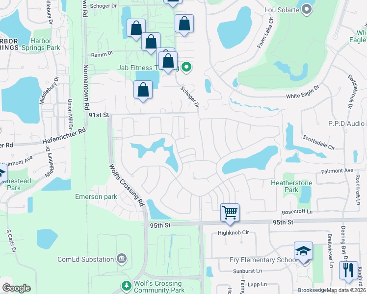 map of restaurants, bars, coffee shops, grocery stores, and more near 2620 Camberley Circle in Naperville
