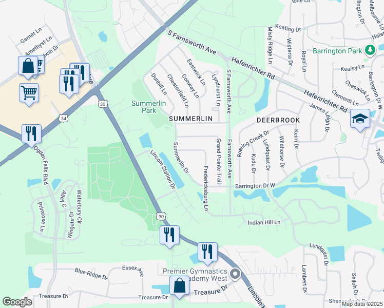 map of restaurants, bars, coffee shops, grocery stores, and more near 1632 Fredericksburg Lane in Aurora