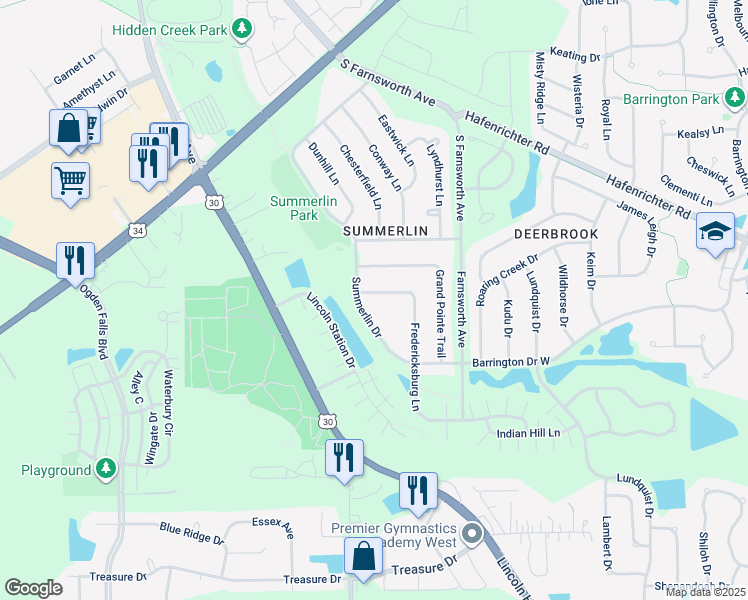 map of restaurants, bars, coffee shops, grocery stores, and more near 1602 Fredericksburg Lane in Aurora