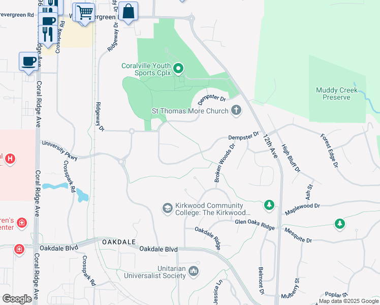 map of restaurants, bars, coffee shops, grocery stores, and more near 2095 Dempster Drive in Coralville