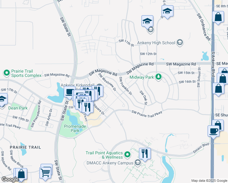 map of restaurants, bars, coffee shops, grocery stores, and more near 1521 Southwest Westview Drive in Ankeny