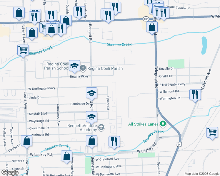 map of restaurants, bars, coffee shops, grocery stores, and more near 404 West Northgate Parkway in Toledo