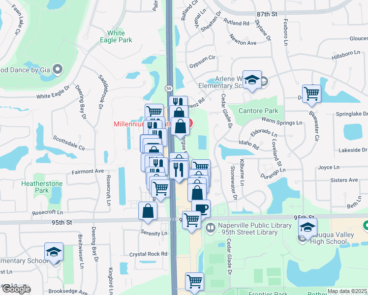 map of restaurants, bars, coffee shops, grocery stores, and more near 2759 Forgue Drive in Naperville