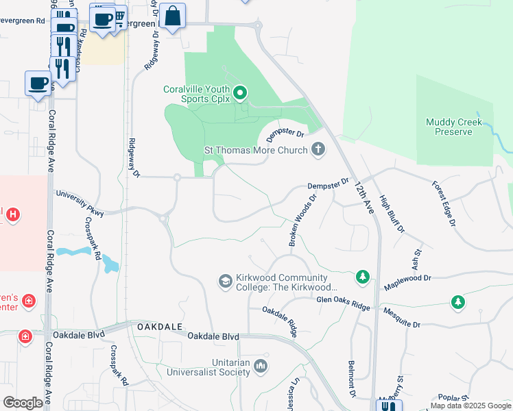 map of restaurants, bars, coffee shops, grocery stores, and more near 2095 Dempster Drive in Coralville