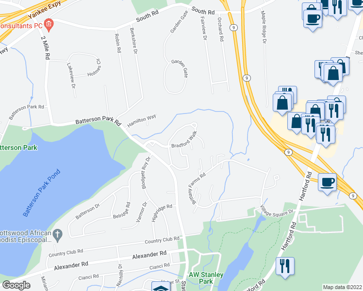 map of restaurants, bars, coffee shops, grocery stores, and more near 74 Bradford Walk in Farmington
