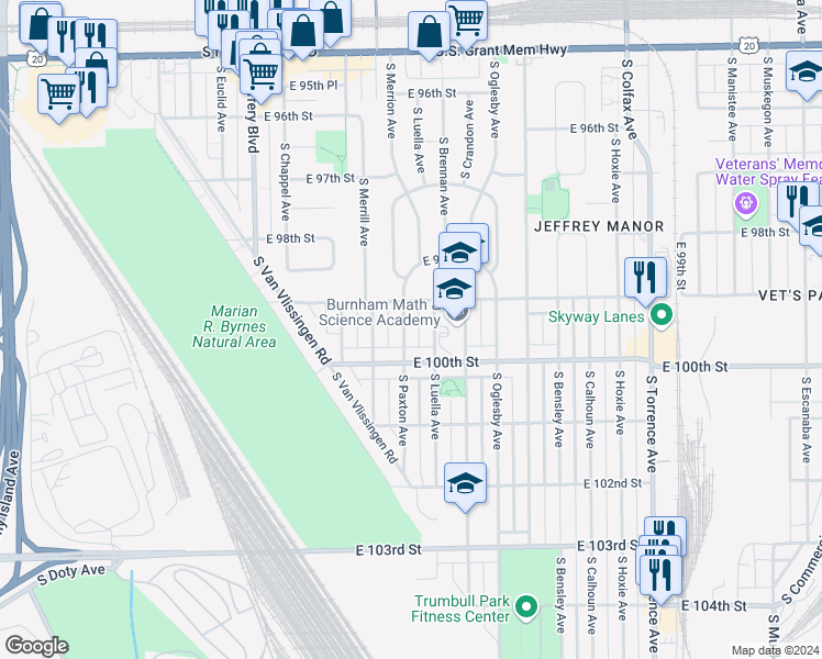 map of restaurants, bars, coffee shops, grocery stores, and more near 9927 South Paxton Avenue in Chicago