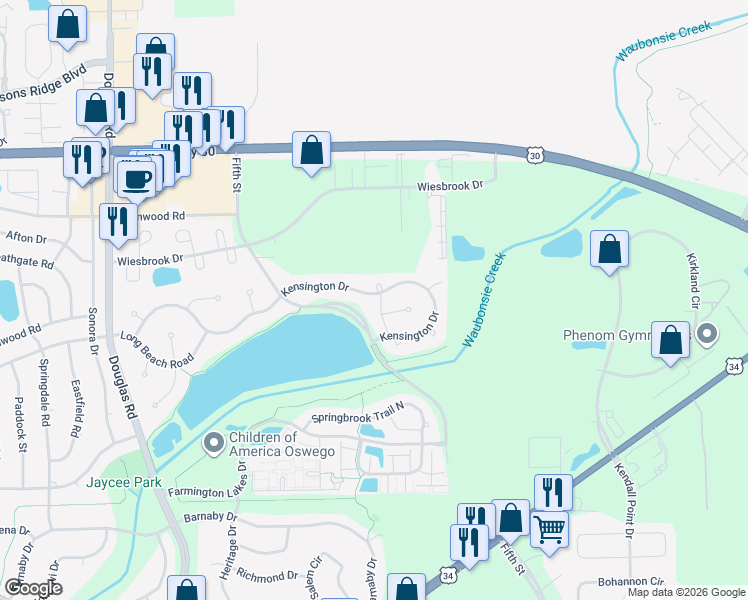 map of restaurants, bars, coffee shops, grocery stores, and more near 386 Kensington Drive in Oswego