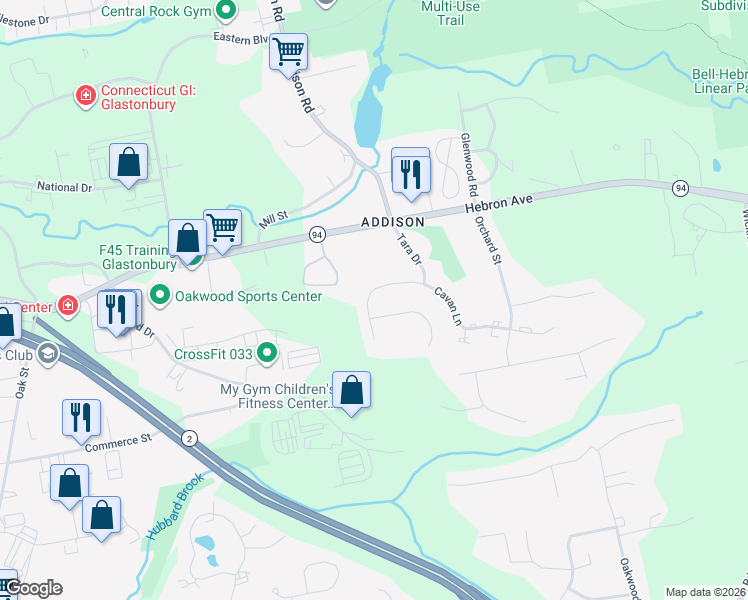 map of restaurants, bars, coffee shops, grocery stores, and more near 210 Cavan Lane in Glastonbury