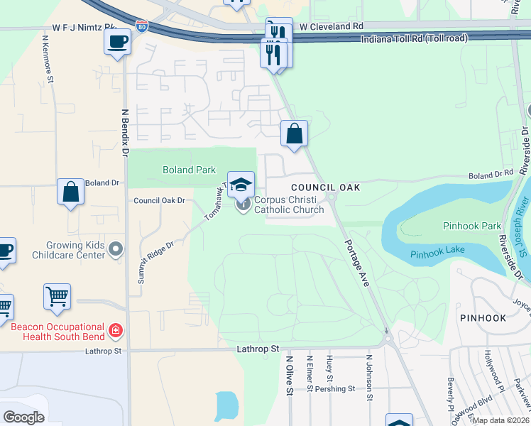 map of restaurants, bars, coffee shops, grocery stores, and more near 2800 Corpus Christi Drive in South Bend