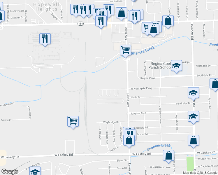 map of restaurants, bars, coffee shops, grocery stores, and more near 5383 Lewis Avenue in Toledo
