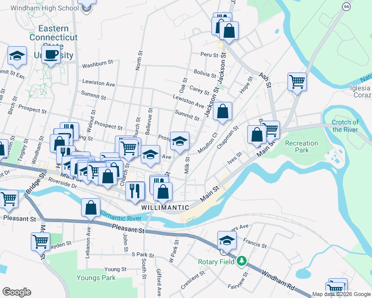 map of restaurants, bars, coffee shops, grocery stores, and more near 41 Prospect Street in Windham
