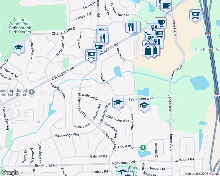 map of restaurants, bars, coffee shops, grocery stores, and more near 503 Kildeer Drive in Bolingbrook