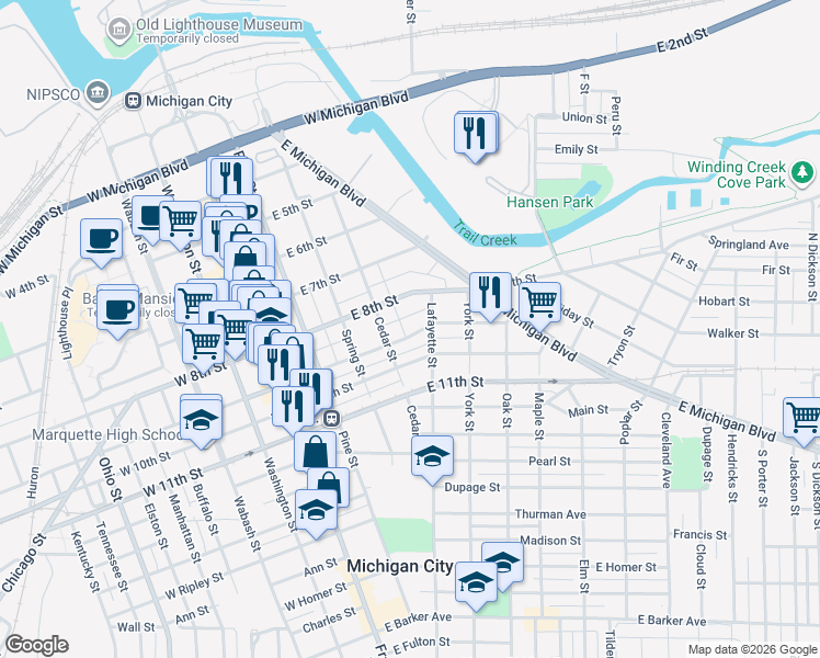map of restaurants, bars, coffee shops, grocery stores, and more near 413 East 8th Street in Michigan City