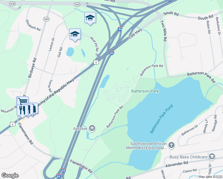 map of restaurants, bars, coffee shops, grocery stores, and more near 74 Batterson Park Road in Farmington