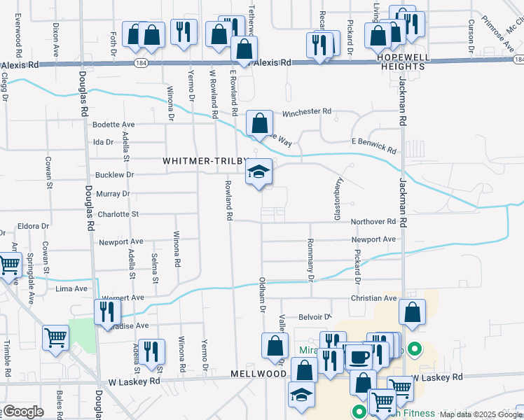 map of restaurants, bars, coffee shops, grocery stores, and more near 2010 Northover Road in Toledo
