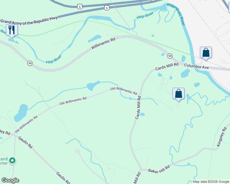 map of restaurants, bars, coffee shops, grocery stores, and more near 175 Old Willimantic Road in Columbia