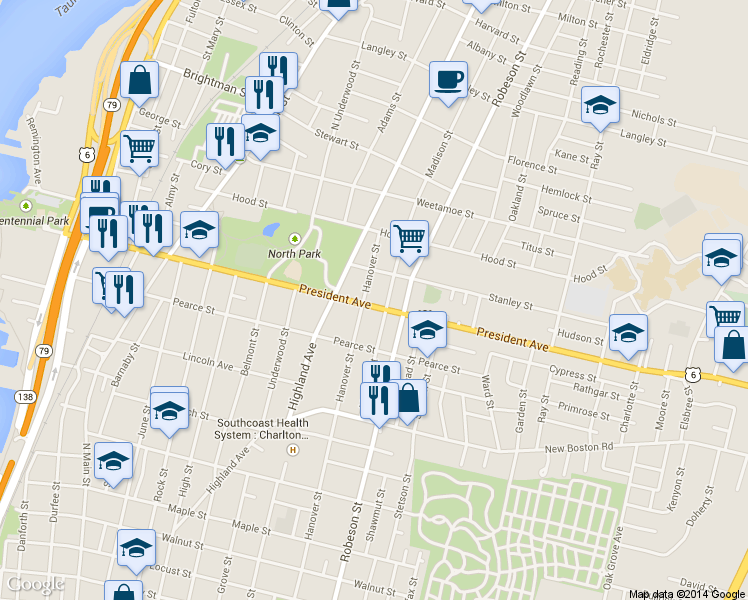 map of restaurants, bars, coffee shops, grocery stores, and more near 765 Hanover Street in Fall River