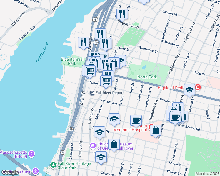 map of restaurants, bars, coffee shops, grocery stores, and more near 708 June Street in Fall River