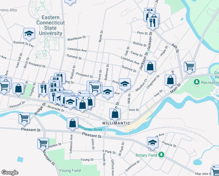 map of restaurants, bars, coffee shops, grocery stores, and more near 23 Turner Street in Windham