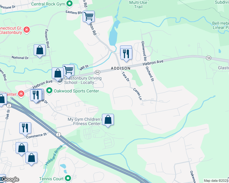 map of restaurants, bars, coffee shops, grocery stores, and more near 229 Cavan Lane in Glastonbury