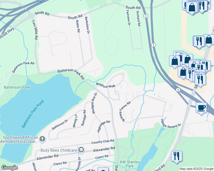 map of restaurants, bars, coffee shops, grocery stores, and more near 74 Bradford Walk in Farmington