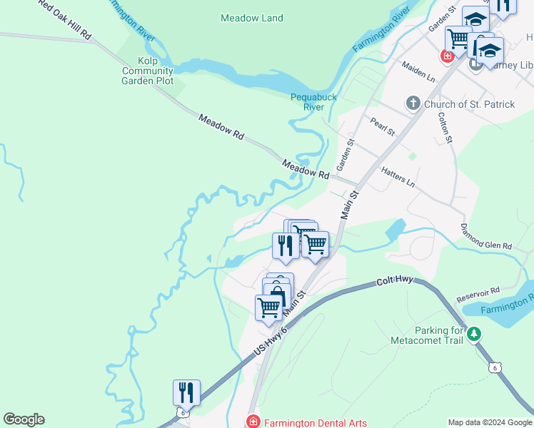 map of restaurants, bars, coffee shops, grocery stores, and more near 42 Tunxis Street in Farmington