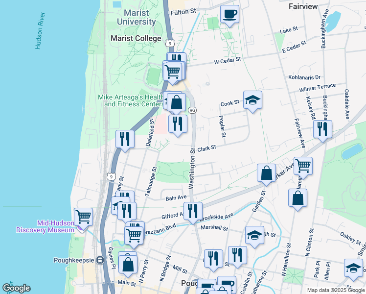 map of restaurants, bars, coffee shops, grocery stores, and more near 188 Washington Street in Poughkeepsie