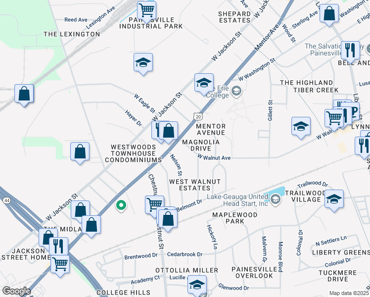 map of restaurants, bars, coffee shops, grocery stores, and more near 637 Mentor Avenue in Painesville