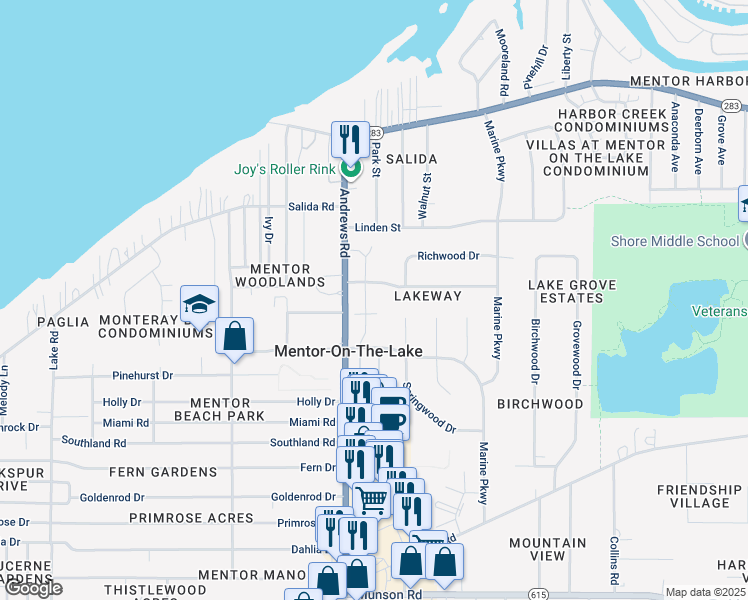 map of restaurants, bars, coffee shops, grocery stores, and more near 5769 South Winds Drive in Mentor-on-the-Lake