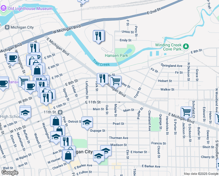 map of restaurants, bars, coffee shops, grocery stores, and more near 826 East Michigan Boulevard in Michigan City