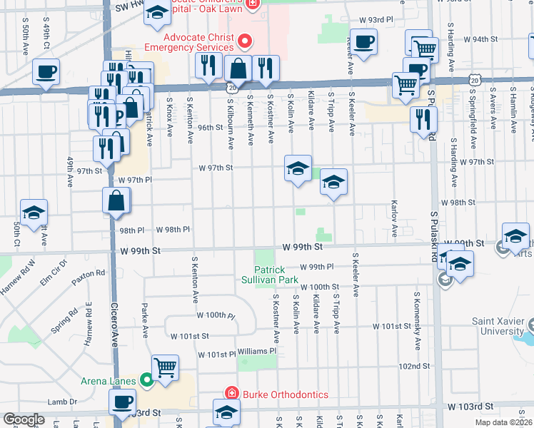 map of restaurants, bars, coffee shops, grocery stores, and more near 9741 South Kenneth Avenue in Oak Lawn